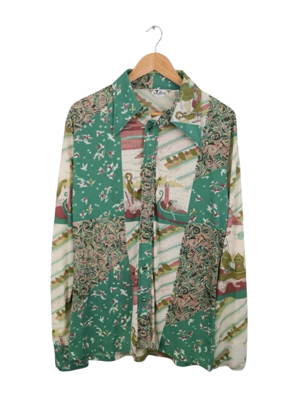 Vintage 1970’s Disco Shirt Men’s Size XL Daggar Collar All Over Print Abstract‎